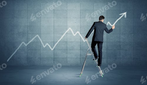Preview: A Man Standing On A Ladder And Drawing A Chart On Blue Wall Background With Exponential Progressing