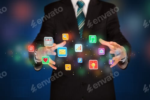 Preview: Elegant Businessman Holding Colorful Mixed Media Icons
