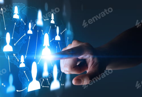 Preview: Female Finger Touching A Beam Of Light Surrounded By Portraits And A World Map Behind It