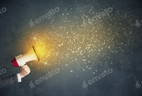 Preview: Caucasian Business Hand Holding Megaphone With Yellow Sparkles