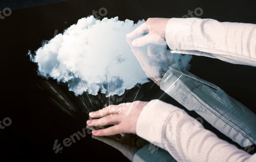 Preview: Male Hands Touching Interactive Table With A White Cloud On It
