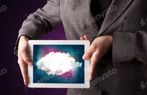 Preview: Casual Businessman Holding Tablet With Cloud Icon And Purple Background