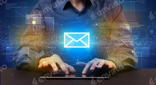 Preview: Businessman In Suit Typing With Communication, Mailing Concept Around