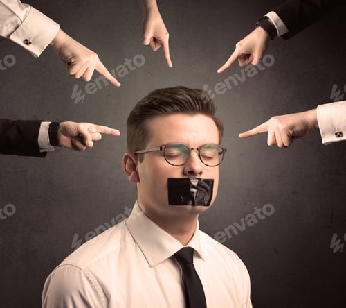 Vista previa: Multiple Caucasian Hands Pointing At Business Male Employee