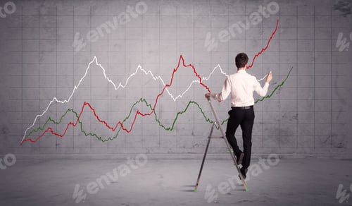Preview: A Guy In Modern Suit Standing On A Small Ladder And Drawing A Chart On Grey Wall Background With