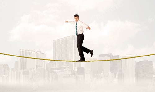 Preview: A Young Elegant Businessman Walking On Tight Golden Rope In Front Of City Buildings Landscape