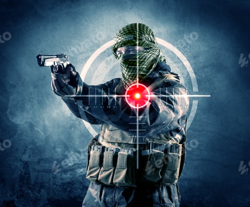 Preview: Masked Terrorist Man With Gun And Laser Target On His Body Concept