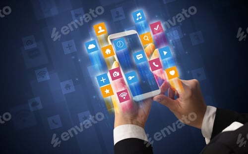 Preview: Female Hand Using Smartphone With Colorful Angular Fast Switching Application Icons Around