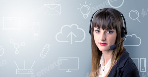 Preview: Young Female Telemarketer With White Mixed Media Icons Around Her