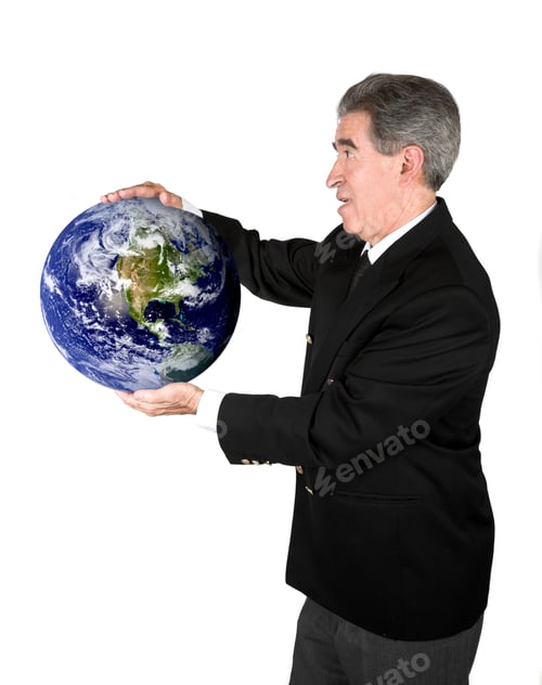 Preview: Business Man Holding Globe Over White - Globe Taken From Http://Www.Nasa.Gov