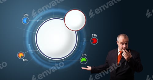 Preview: Crazy Businessman In Suit Holding A Phone And Presenting Abstract Modern Pie Chart With Copy Space