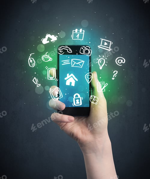 Preview: Caucasian Hand In Business Suit Holding A Smartphone With Drawn Web Icons