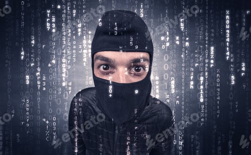 Preview: Burglar In Action With Encoded Concept And His Tools In His Hand.
