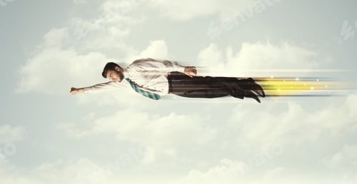 Preview: Happy Business Man Flying Fast On The Sky Between Clouds Concept
