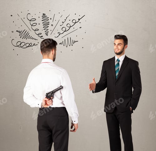 Preview: Ruthless Businessman Handshake With A Hiding Weapon And Drawn Curly Lines Around His Head