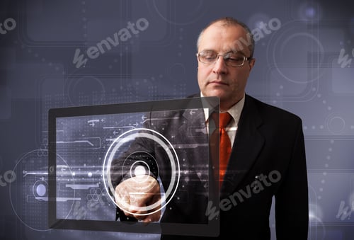 Preview: Businessman Standing And Touching Modern Technology Tablet
