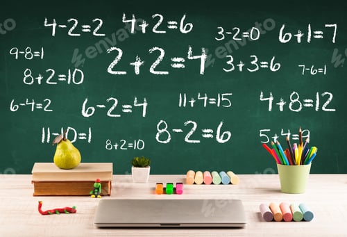 Preview: Going Back To School Concept With Blackboard Full Of Numbers And A Busy Student Desk