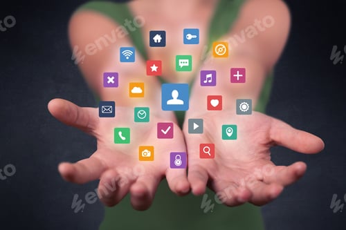 Preview: Colorful Multimedia Icons In The Hands Of A Young Casual Businesswoman