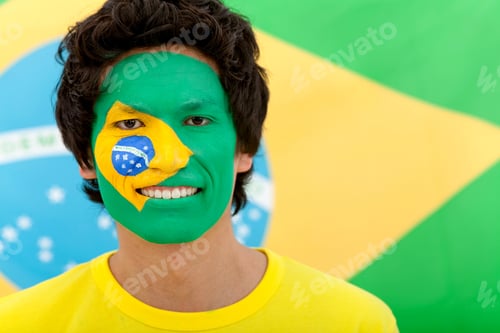 Preview: Portrait Of A Man With The Brazilian Flag Painted On His Face