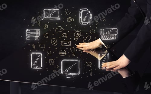 Preview: Man Pressing Table Tablet Hand Touch Interface With Media Icons And Symbols