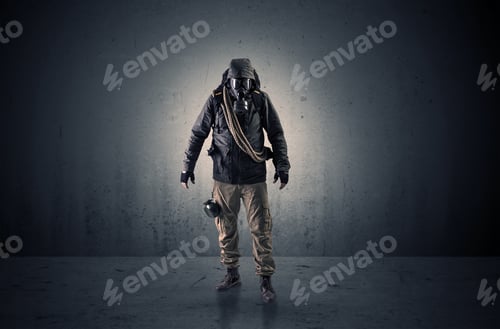 Preview: Bad Agent In A Dark Room With Arms On His Hand And Gas Mask