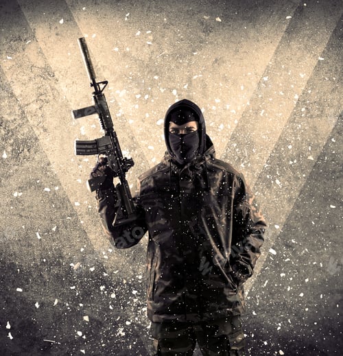 Preview: Portrait Of A Dangerous Masked Armed Soldier With Grungy Light Background