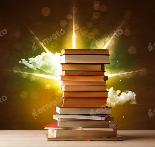 Preview: Magical Books With Ray Of Lights And Colorful Clouds On Vintage Background