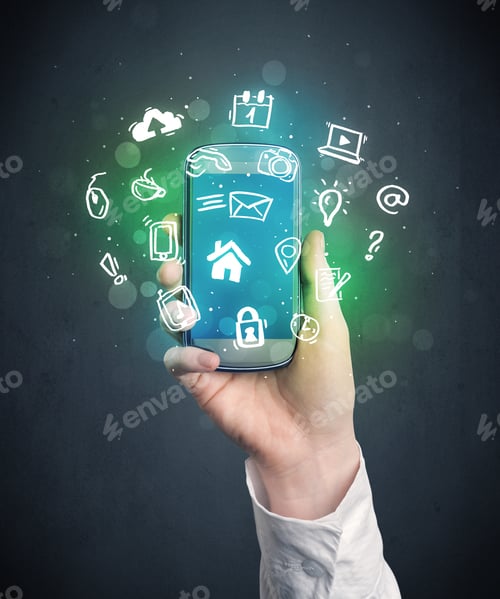 Preview: Caucasian Hand In Business Suit Holding A Smartphone With Drawn Web Icons