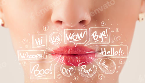 Preview: Beautiful Red Lips With White Speech Bubbles Close Up