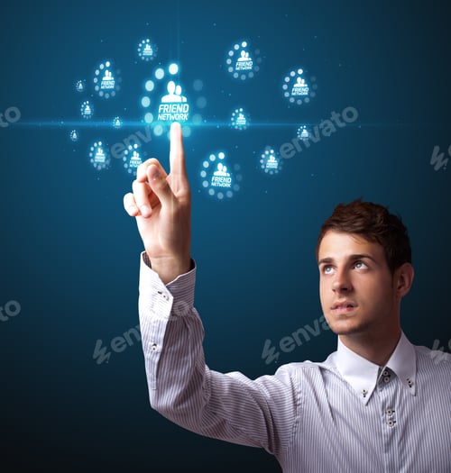 Preview: Businessman Pressing Modern Social Buttons On A Virtual Background