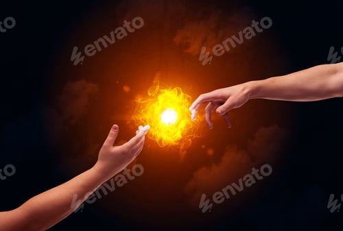 Preview: Two Naked Male Hands About To Touch, Lighting A Bright Flame With Smoke In Red Sky Background