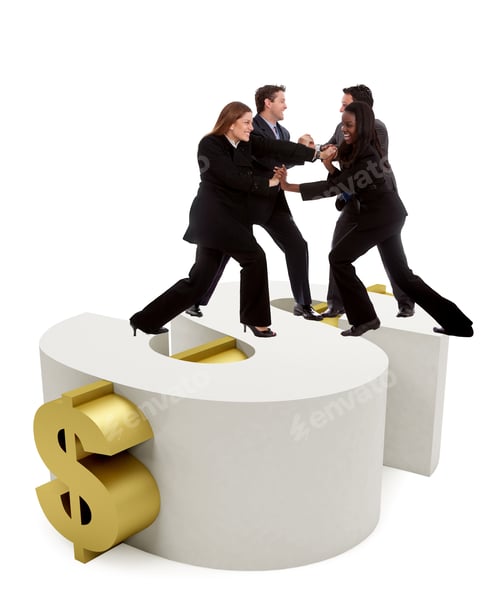 Preview: Business Competiton Two Vs Two Over A Dollar Symbol - Isolated On White