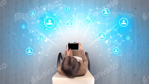Preview: Social Media Concept With Woman Sitting On Chair With Tablet On Her Hand