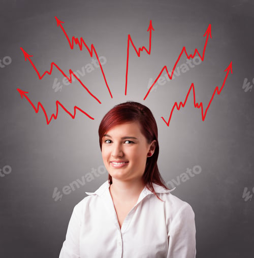 Preview: Young Woman Standing And Thinking With Arrows Overhead