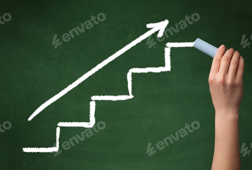Preview: Stairs Heading Upwards With An Arrow Drawn By Hand On A Green Chalkboard.