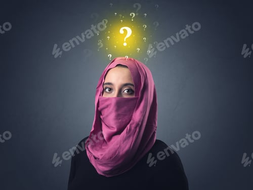 Preview: Young Muslim Woman Wearing Niqab With Yellow Question Marks Above Her Head