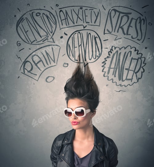 Preview: Mad Young Woman With Extreme Haisrtyle And Speech Bubbles Concept On Background