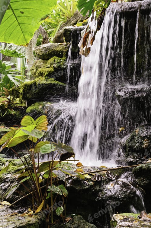 Preview: Small Waterfall With Motion Blur In Botanical Garden