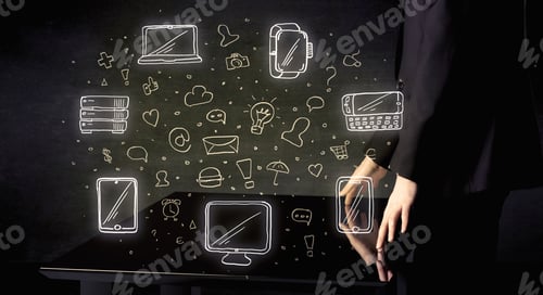Preview: Man Pressing Table Tablet Hand Touch Interface With Media Icons And Symbols