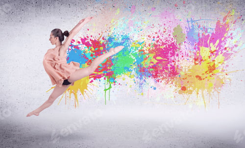 Preview: Modern Street Dancer Jumping With Colorful Paint Splashes On Back Wall Concept