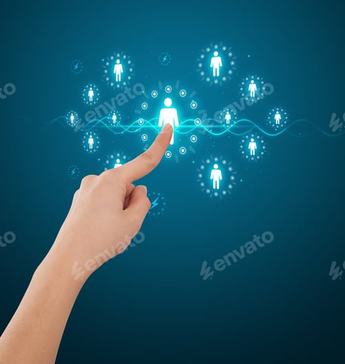 Preview: Businessman Pressing Modern Social Buttons On A Virtual Background