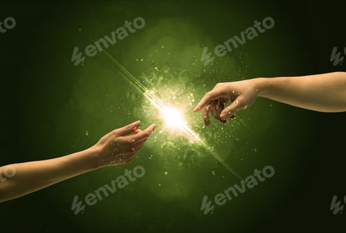Preview: Two Naked Male Hands About To Touch, Lighting The Spark With Modest Explosion In Front Of Green