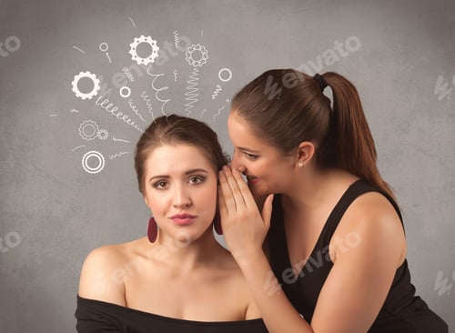 Preview: Two Girlfriends In Elegant Black Dress Sharing Secrets With Each Other Concept With Drawn Rack Cog