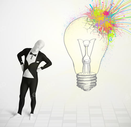 Preview: 3D Human Character Is Body Suit Morphsuit Looking At Abstract Colorful Lightbulb