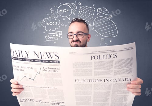 Preview: Puzzled Young Businessman Reading Daily Newspaper With Speech Bubbles Above His Head