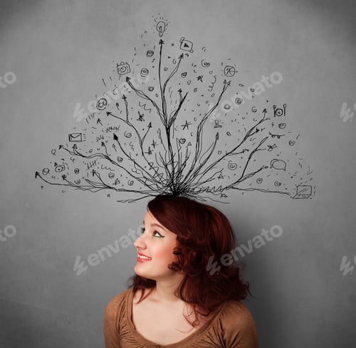 Preview: Pretty Young Woman Thinking With Tangled Lines Coming Out Of Her Head