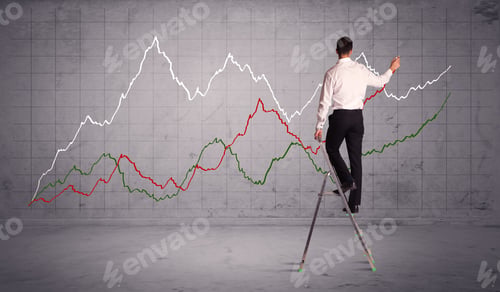 Preview: A Guy In Modern Suit Standing On A Small Ladder And Drawing A Chart On Grey Wall Background With