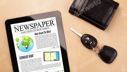 Preview: Workplace With Tablet Pc Showing News And A Cup Of Coffee On A Wooden Work Table Close-Up