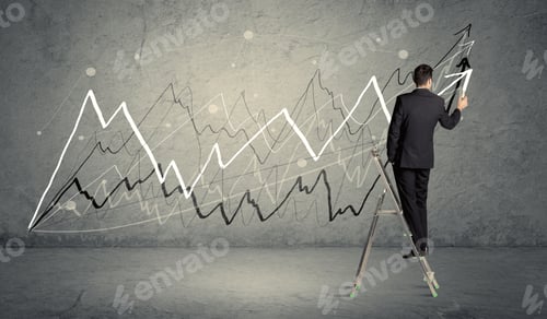 Preview: A Male In Elegant Suit Standing On A Small Ladder And Drawing Progressing Lines On Grey Wall