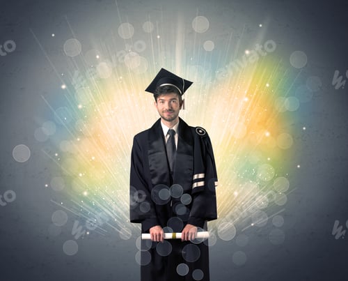 Preview: Happy Graduate With Colorful Bokeg Lights In The Background Grunge Wall